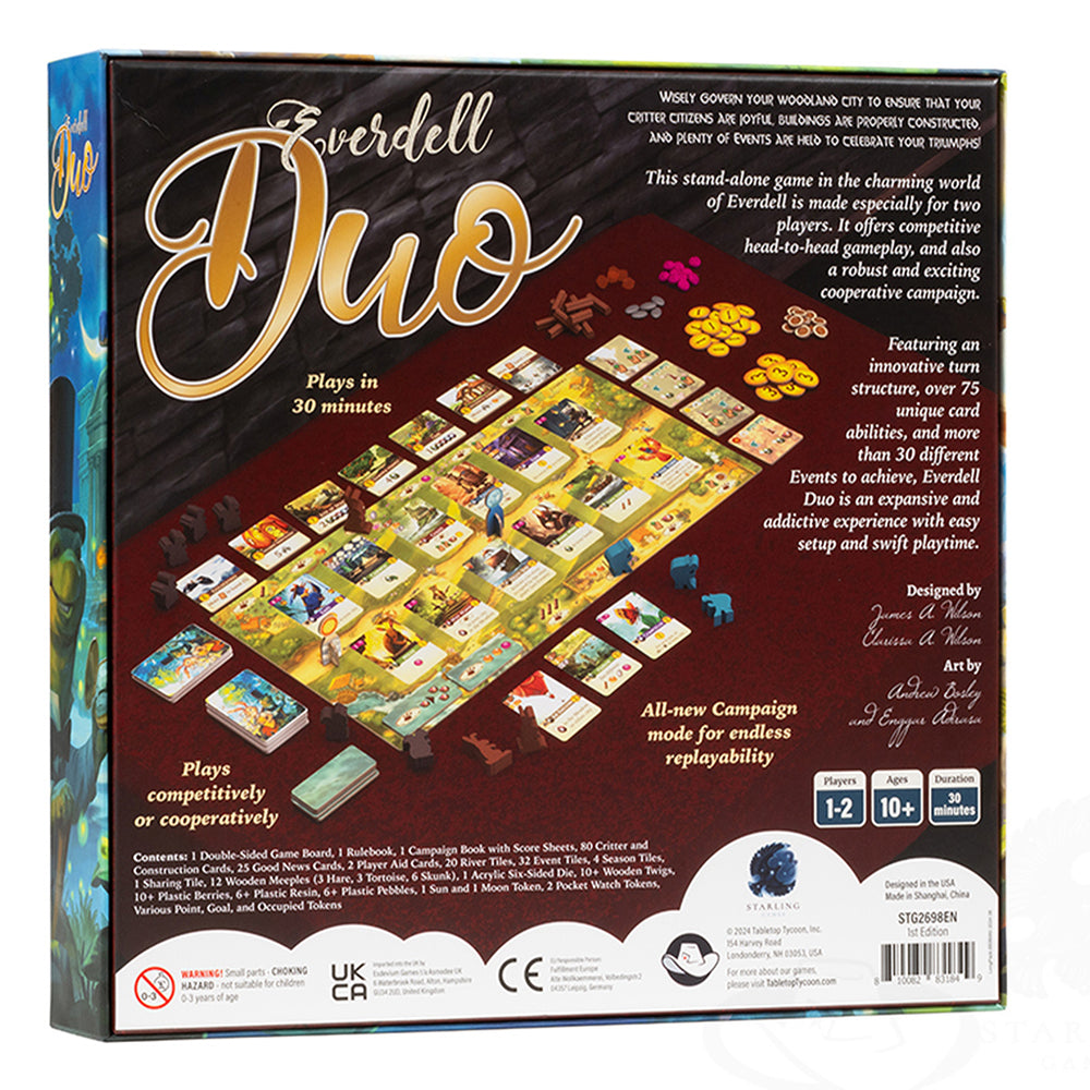 Back of the Everdell Duo board game box, showcasing gameplay details, components, and player options for competitive or cooperative play.