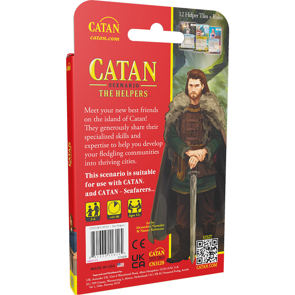 Catan - The Helpers expansion pack featuring a character on the cover, with game details and rules on the back.