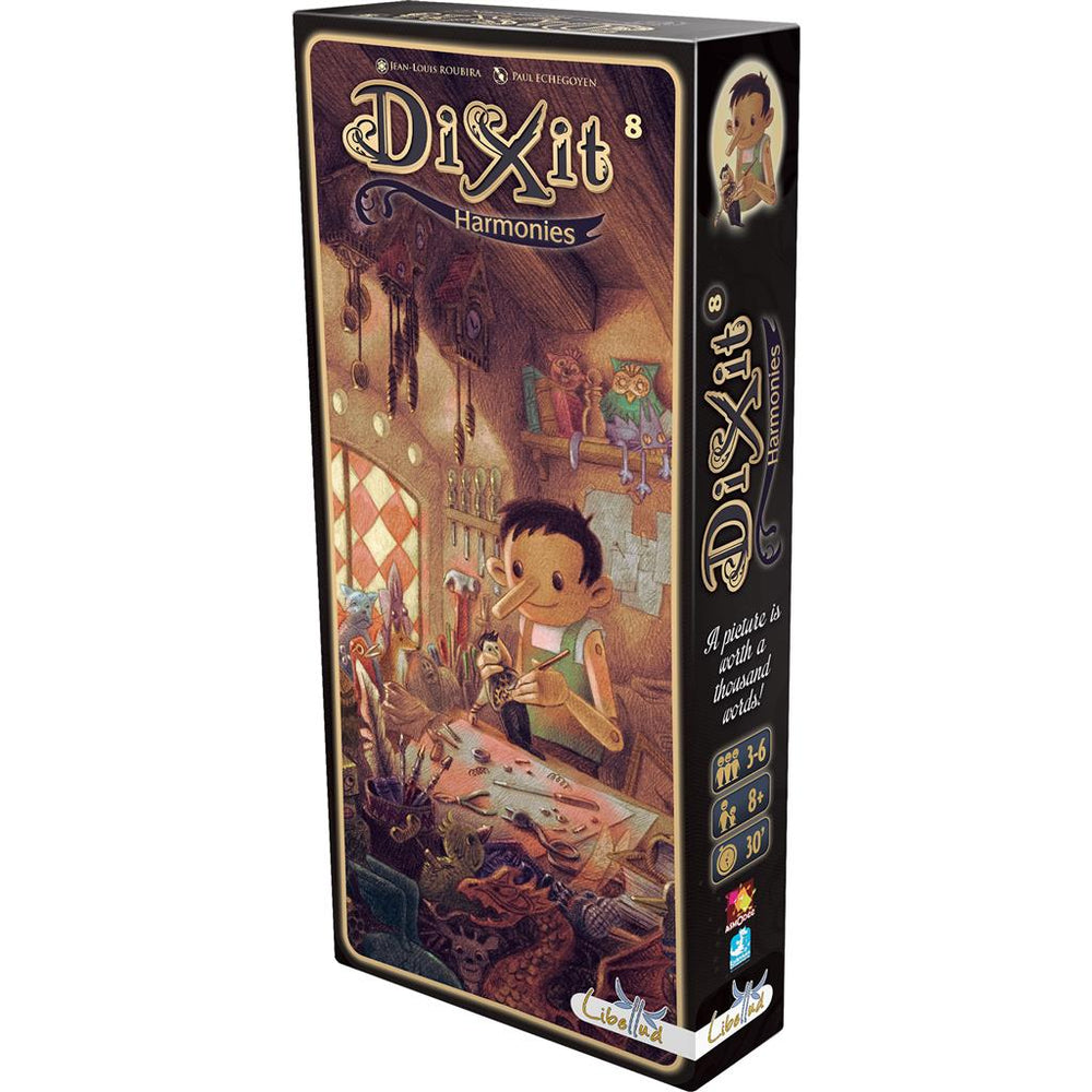 Dixit: Harmonies Expansion box featuring whimsical artwork and a character in a cozy, creative setting.
