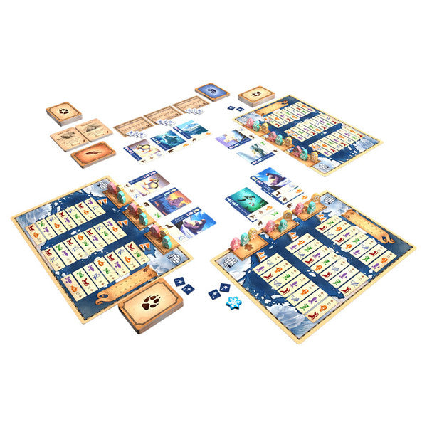 Borealis: Arctic Expeditions board game layout featuring player boards, cards, and tokens arranged for gameplay.