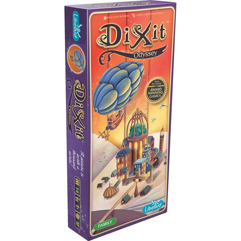 Dixit: Odyssey Expansion box featuring whimsical artwork with hot air balloons over a colorful cityscape.
