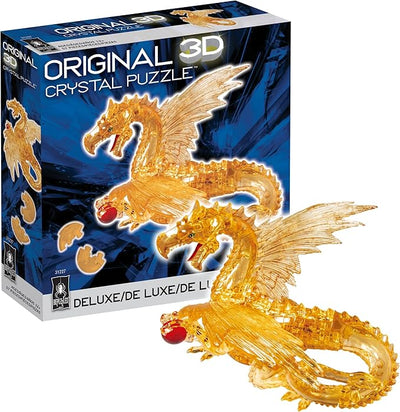 3D crystal puzzle of a golden dragon, featuring intricate details and a vibrant design, displayed with its packaging.