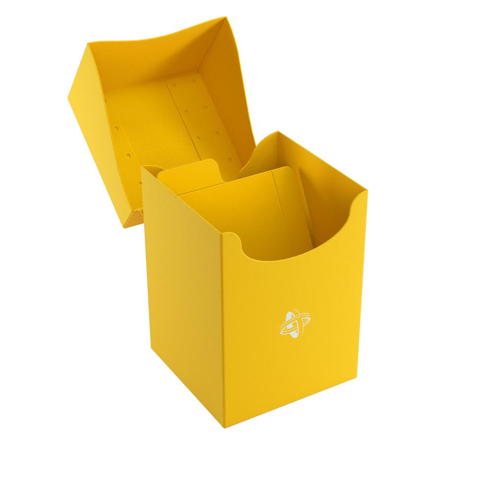 Gamegenic Deck Holder 100+ in yellow, designed for storing and protecting trading cards, featuring an open top for easy access.