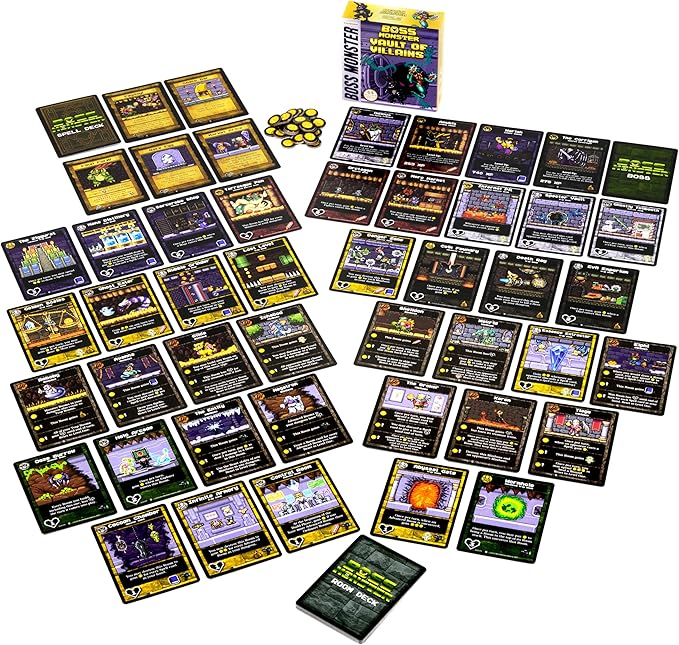 Boss Monster: Vault of Villains Expansion featuring game cards, tokens, and the expansion box arranged on a flat surface.