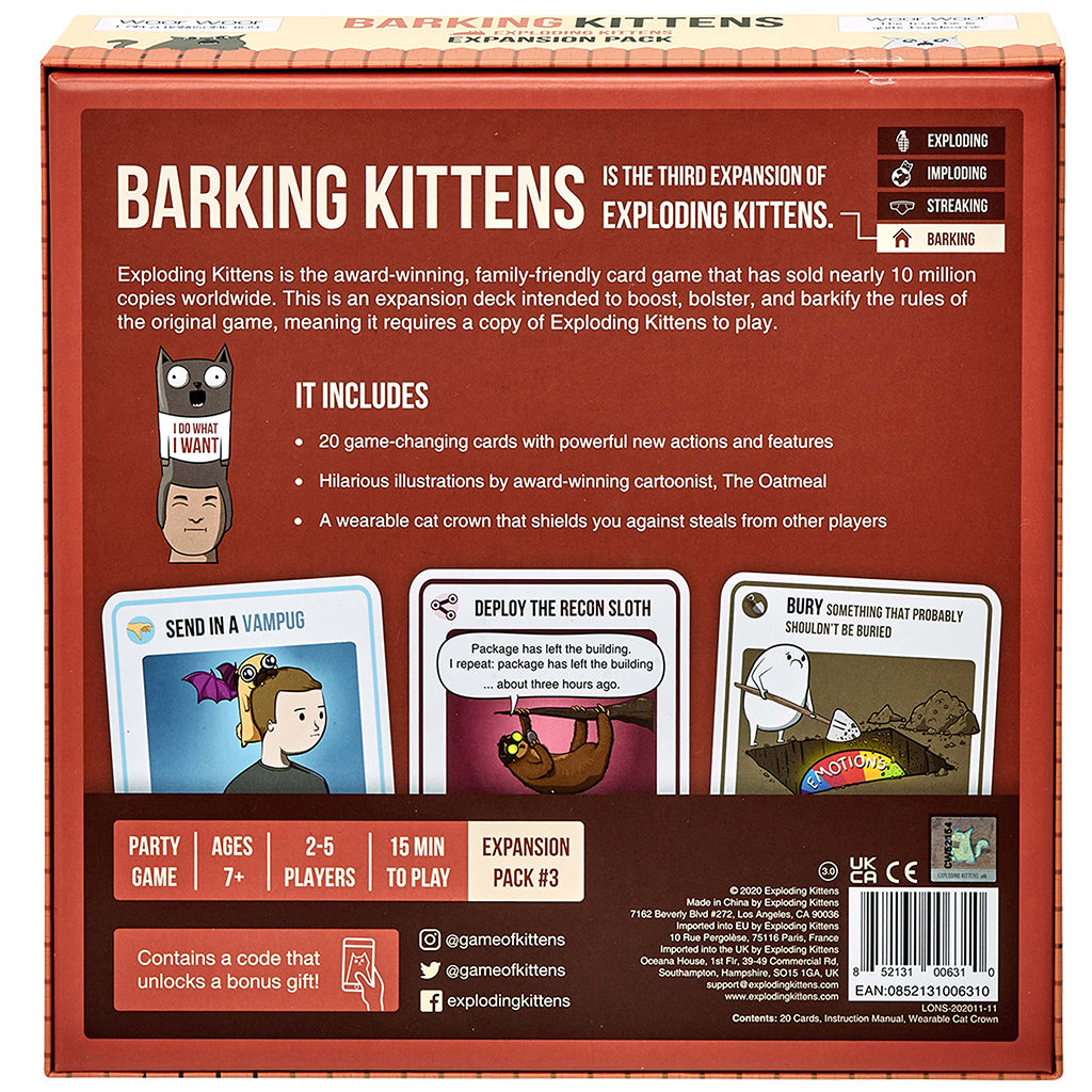 Barking Kittens expansion pack for Exploding Kittens featuring new cards and gameplay elements for enhanced fun.