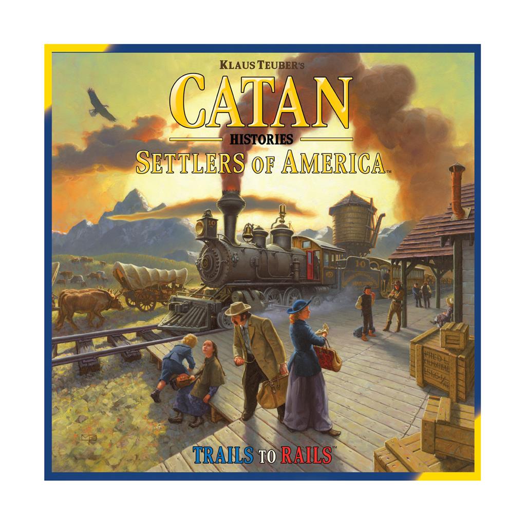 Catan Settlers of America board game cover featuring a train station scene with settlers and a steam locomotive.