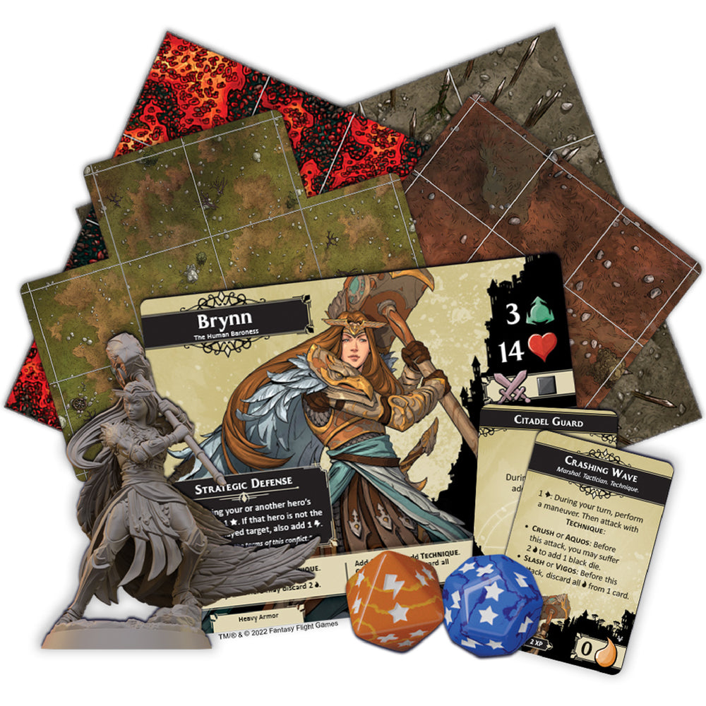 Descent: Legends of the Dark - The Betrayer's War components including character card, game tiles, tokens, and miniatures.