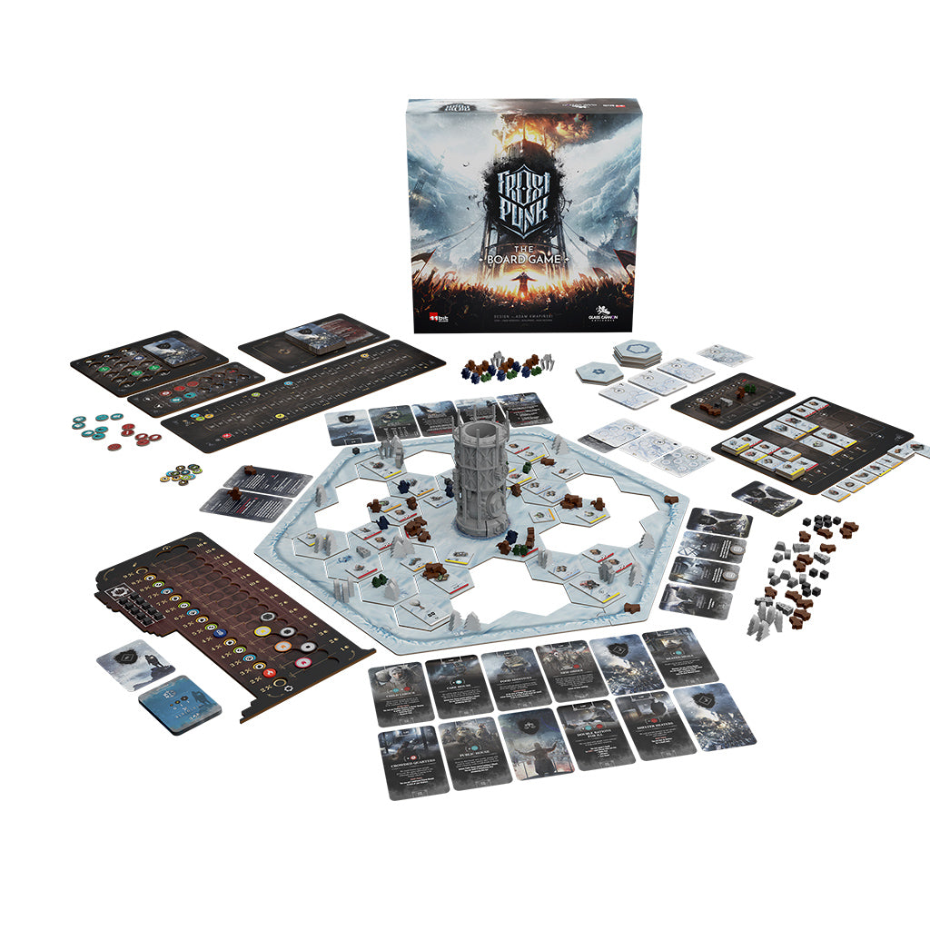 Frostpunk: The Board Game setup featuring the game board, cards, tokens, and components for strategic gameplay.