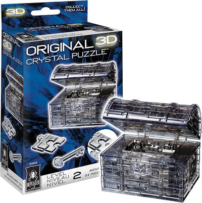 3D crystal puzzle of a treasure chest in black, featuring a detailed design and clear packaging for display.