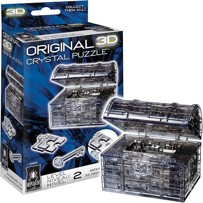 3D crystal puzzle of a treasure chest in black, featuring a detailed design and clear packaging for display.