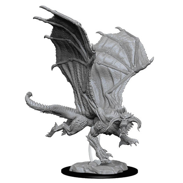 Unpainted miniature of a young black dragon from Dungeons & Dragons Nolzur's Marvelous Minis, featuring detailed wings and scales.