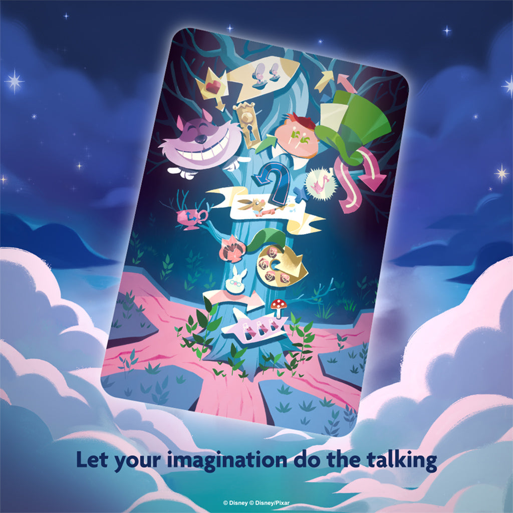 Colorful artwork from Dixit: Disney Edition featuring whimsical characters and symbols, encouraging imagination and storytelling.