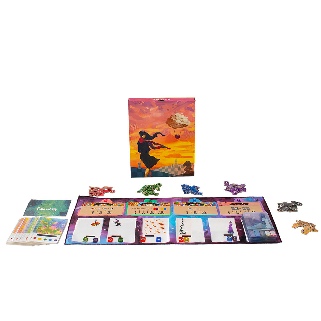 Colorful board game Canvas displayed with its box, cards, and various tokens arranged on a vibrant playmat.
