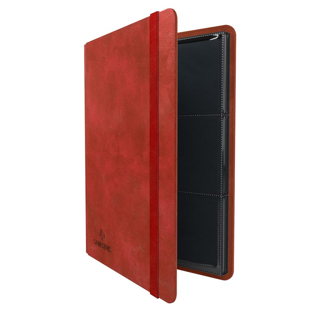 Gamegenic Prime Album 18-Pocket Binder in red, featuring a textured cover and black interior for card storage.