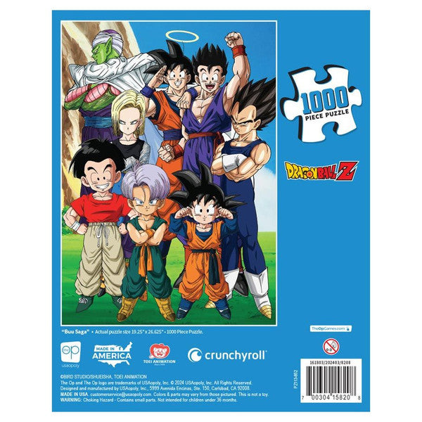 Dragon Ball Z Buu Saga 1000 piece puzzle featuring iconic characters in vibrant colors against a scenic background.