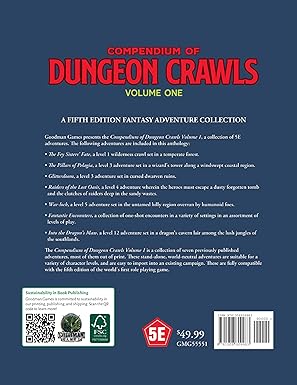 Back cover of the Compendium of Dungeon Crawls Volume 1, featuring a summary of adventures and price details.