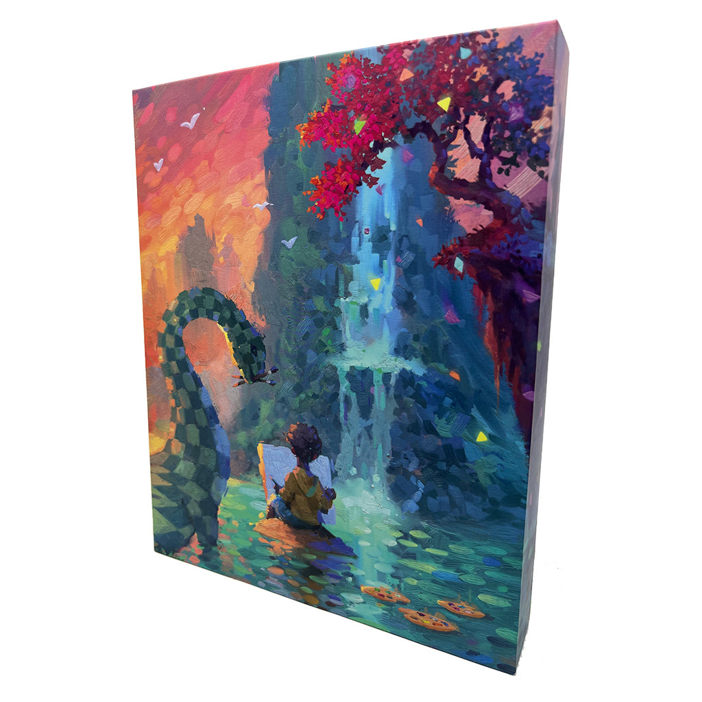 A vibrant canvas artwork depicting a child painting a serene landscape with a waterfall and a dragon in the background.