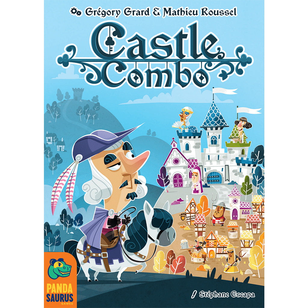 Colorful board game cover for Castle Combo featuring whimsical characters and a vibrant castle landscape.