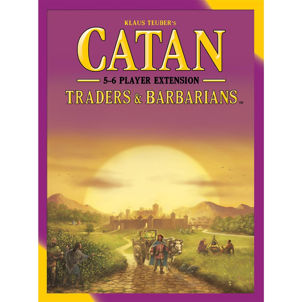 Catan: Traders & Barbarians 5-6 Player Extension box featuring a sunset over a landscape with traders and a cart.