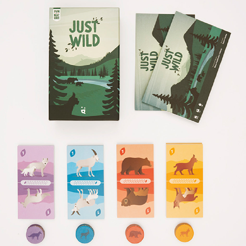 Just Wild board game box with cards and tokens featuring various animals in a nature-themed design.