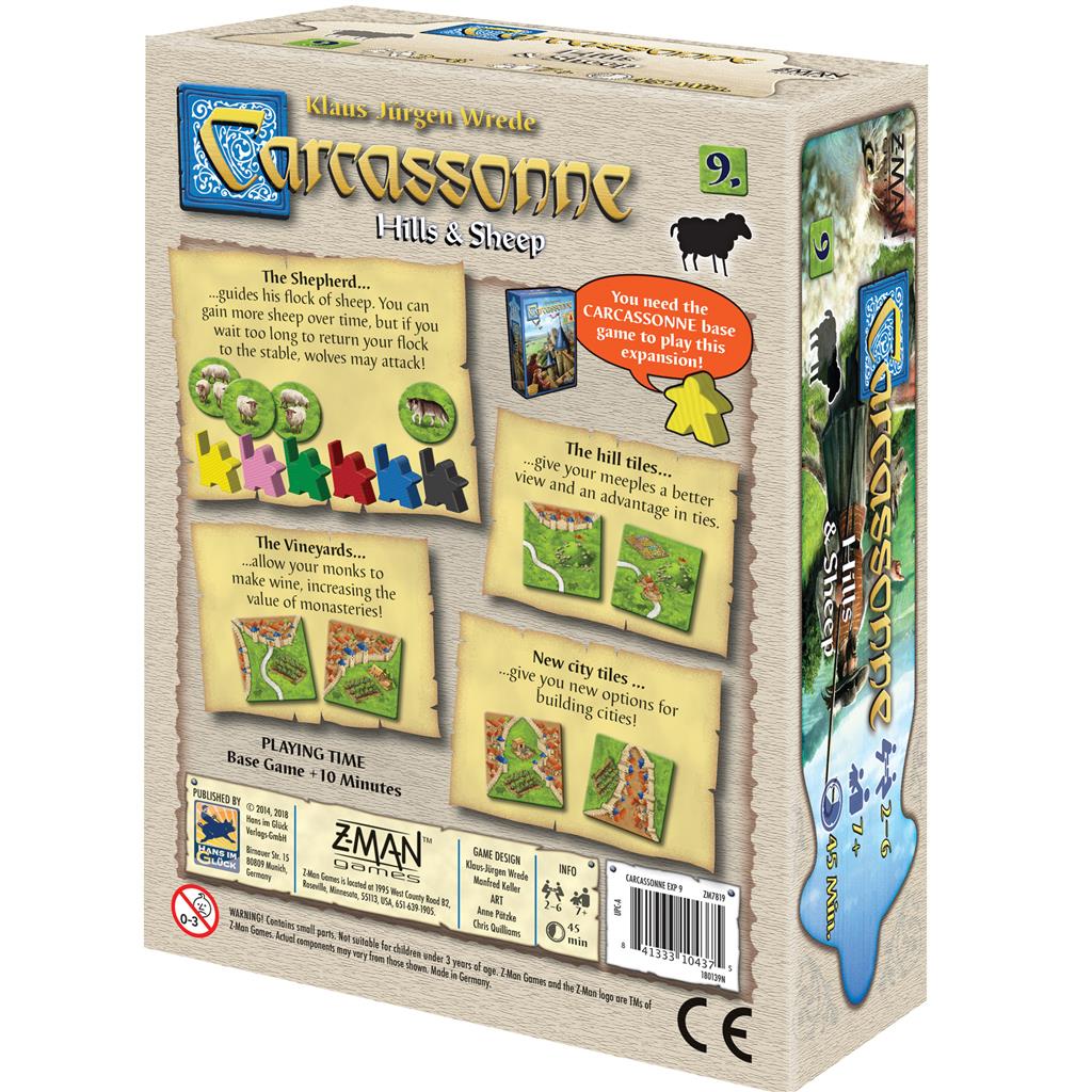 Back of Carcassonne Expansion 9: Hills and Sheep box featuring game components, rules, and gameplay details.