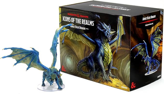 Premium Adult Blue Dragon figure from Dungeons & Dragons: Icons of the Realms next to its packaging.