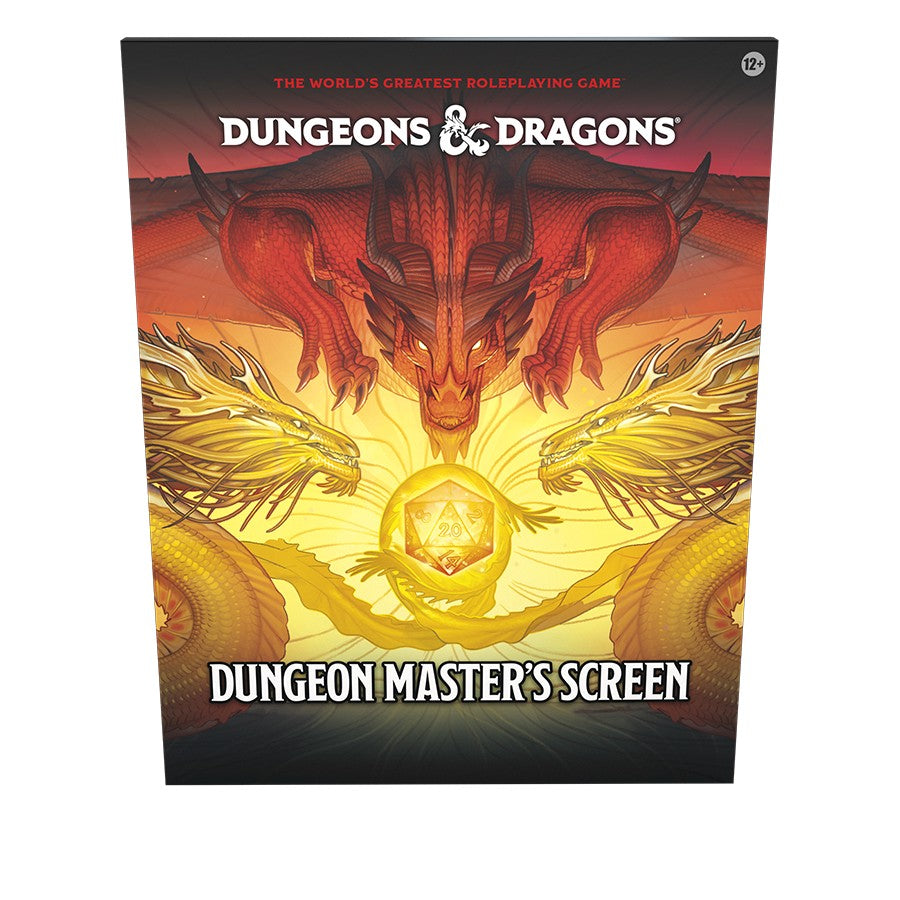 Dungeons & Dragons Dungeon Master's Screen 2024 featuring vibrant dragon artwork and essential game reference information.