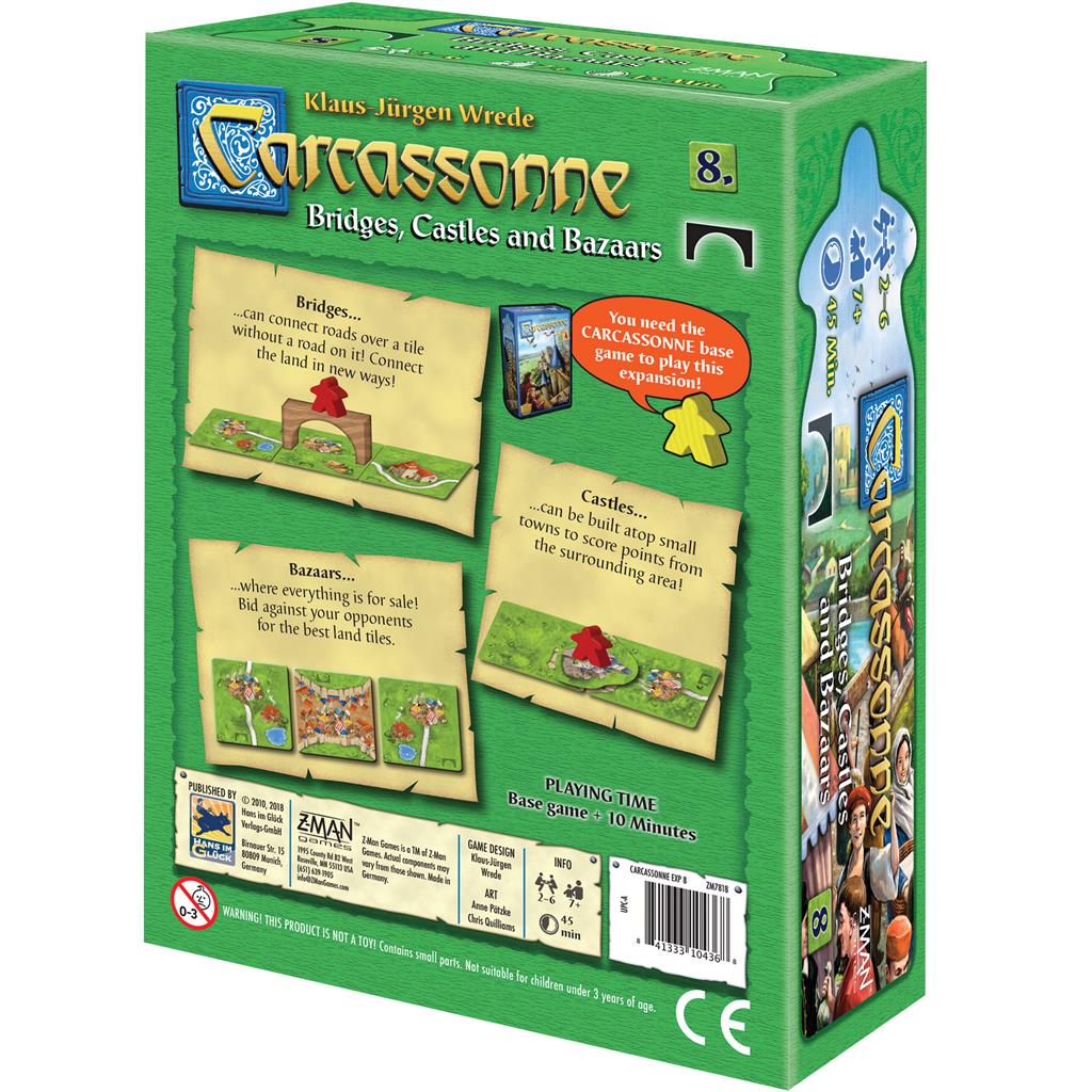 Box for Carcassonne Expansion 8: Bridges, Castles and Bazaars, featuring game components and rules overview.