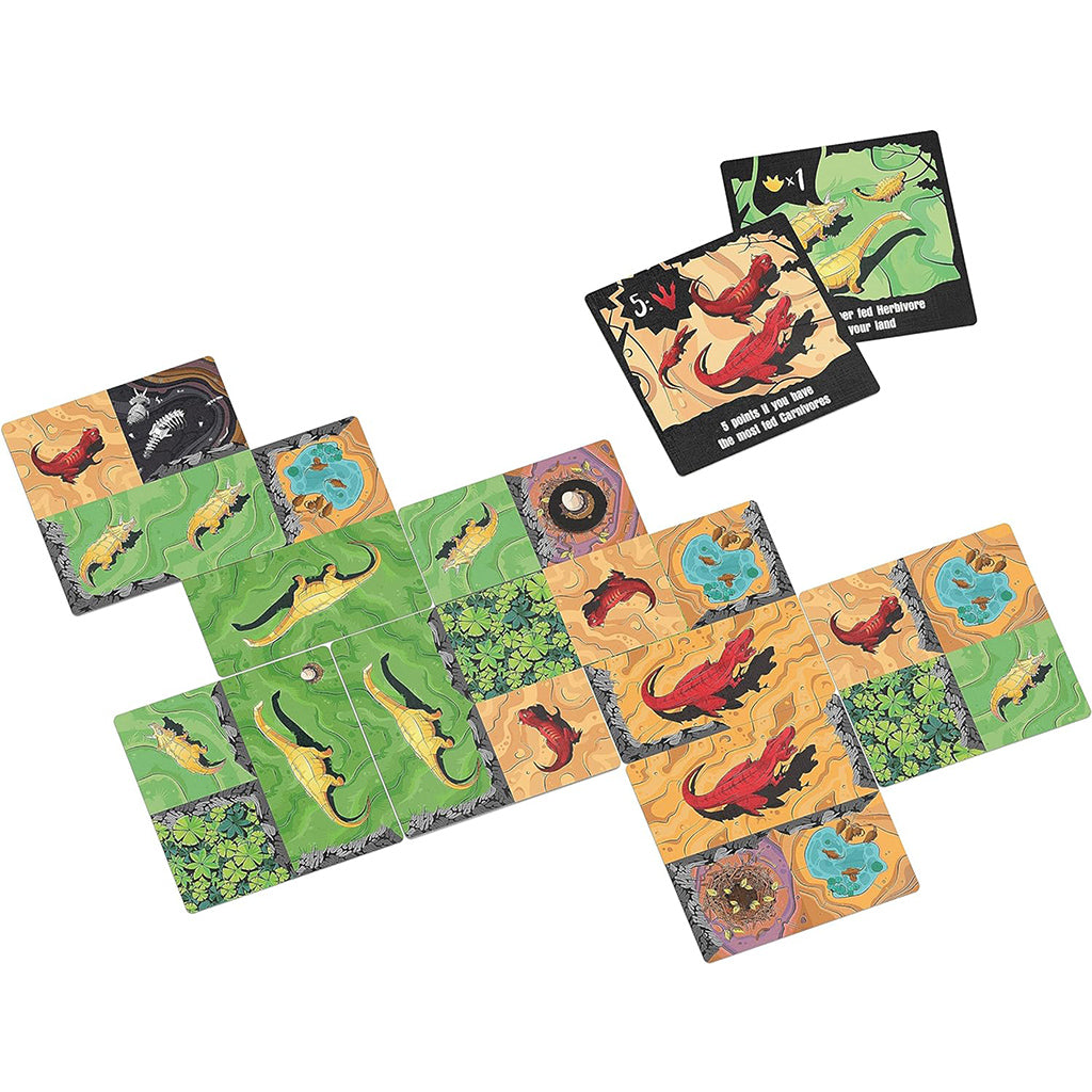 Colorful tile layout of the board game Chomp, featuring various animal tiles and action cards.