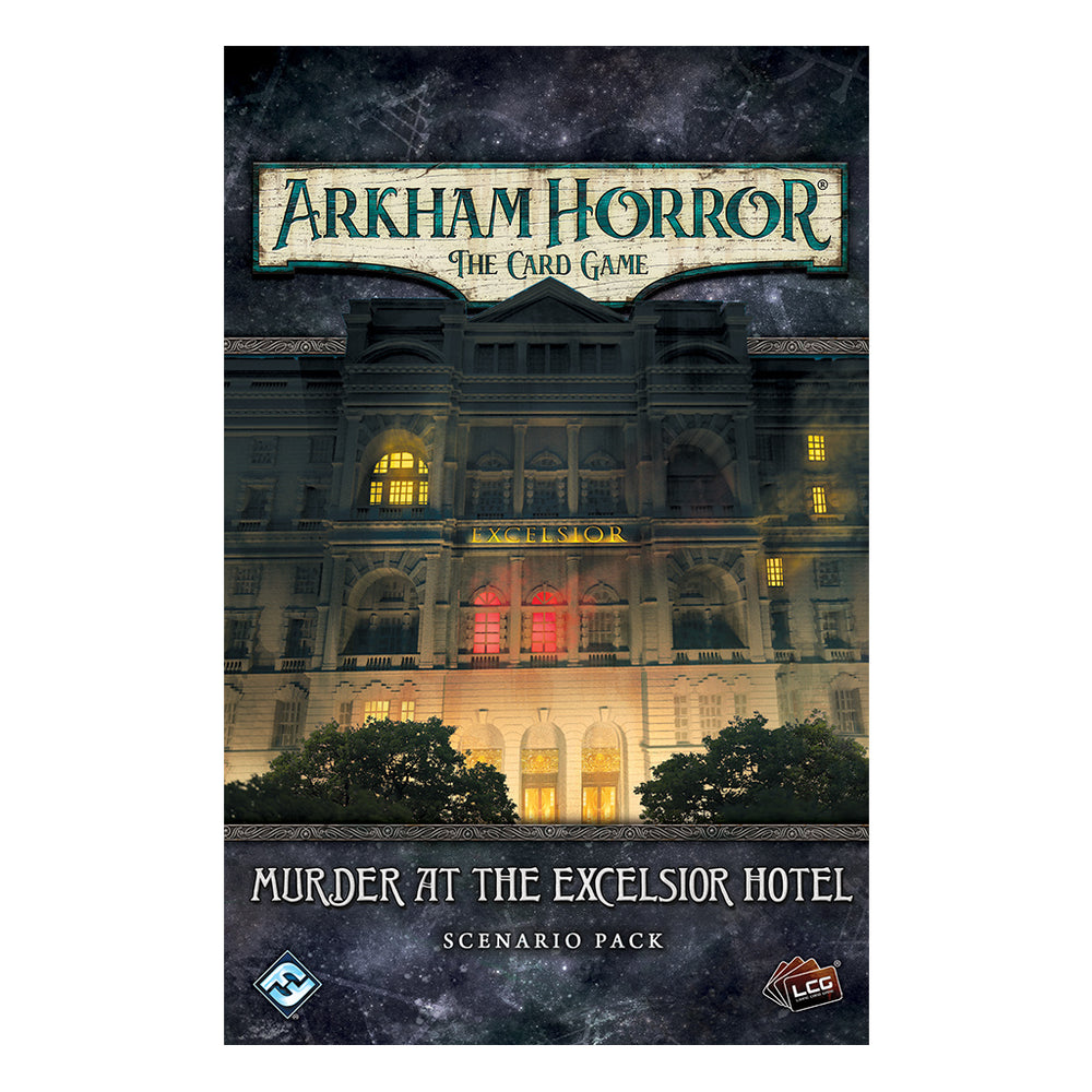 Arkham Horror LCG Murder at the Excelsior Hotel scenario pack featuring a haunted hotel facade with eerie lighting.