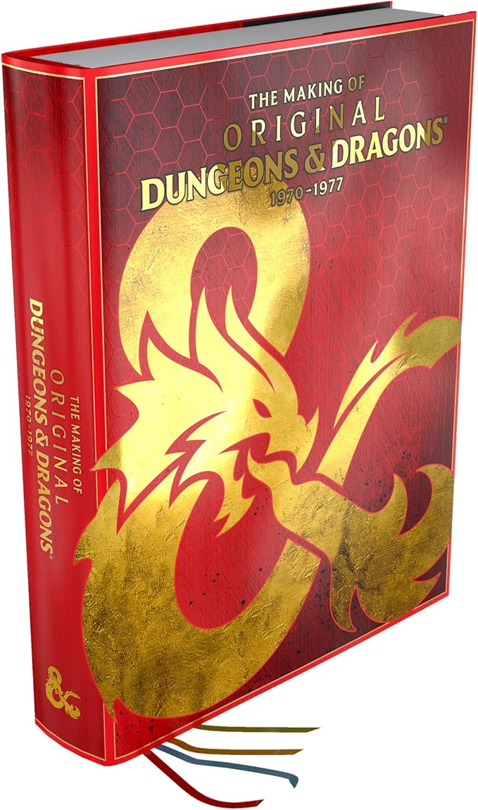 Hardcover book titled "The Making of Original Dungeons & Dragons (1970-1977)" featuring a gold dragon design and red background.