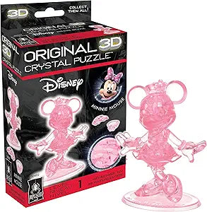 3D crystal puzzle of Disney's Minnie Mouse in pink, featuring a box design and puzzle pieces for assembly.
