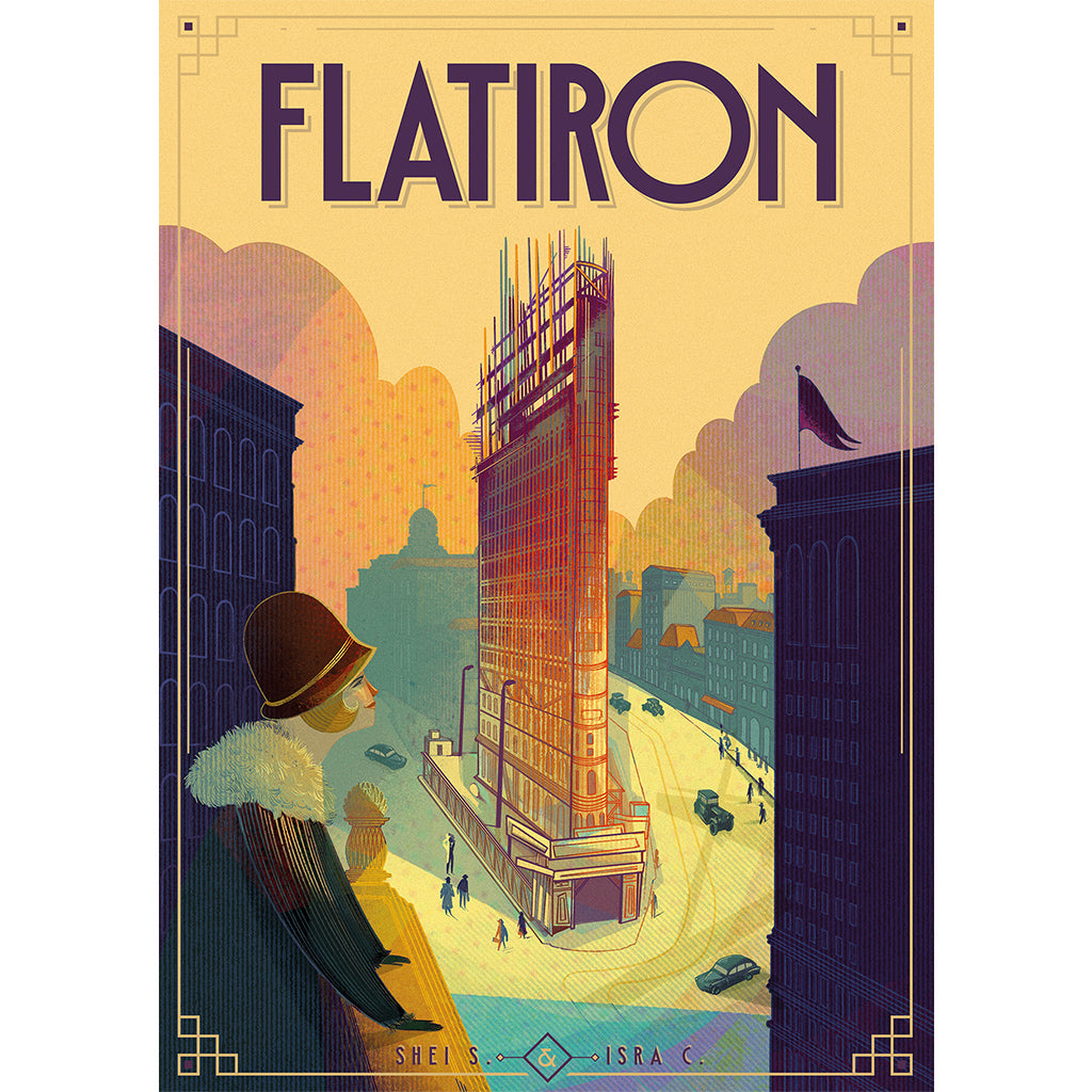 Artistic illustration of the Flatiron building with a figure in vintage attire observing the construction scene below.