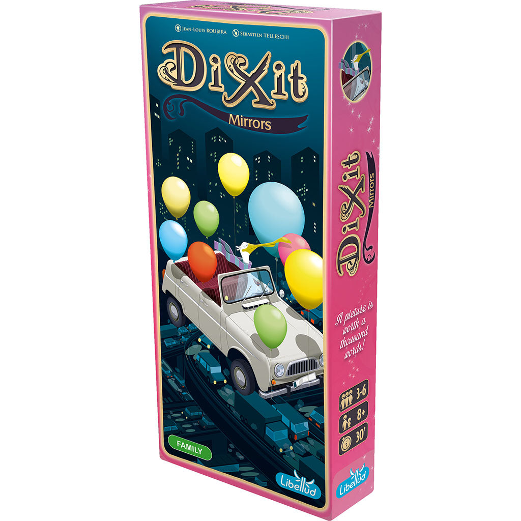 Dixit: Mirrors Expansion box featuring a whimsical car with balloons against a city backdrop, designed for family gameplay.