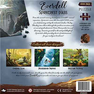 Everdell Spirecrest Pass Puzzle featuring a vibrant forest scene, with 1000 pieces and dimensions of 27 x 48 cm.