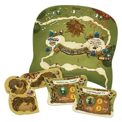Everdell: Bellfaire Expansion game board with paths, resource icons, and community cards for gameplay enhancement.