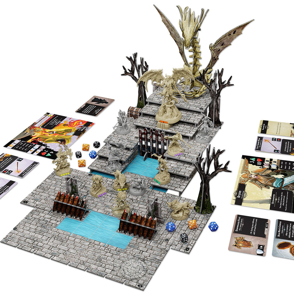 Descent: Legends of the Dark game setup featuring miniatures, cards, dice, and a detailed game board with a fantasy theme.