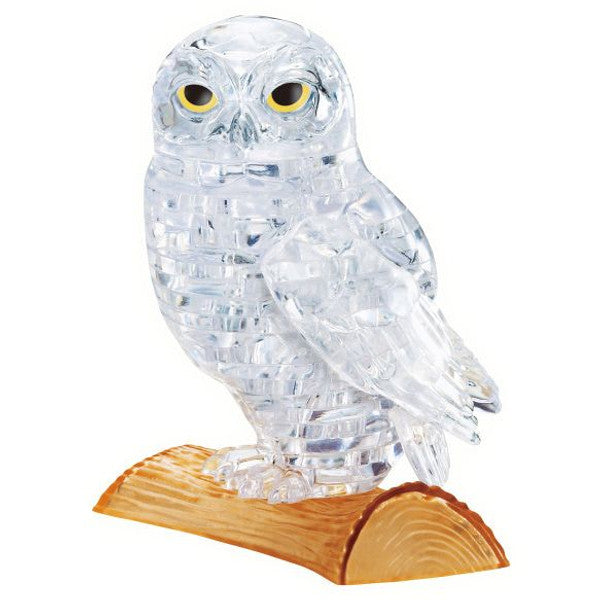 3D crystal owl puzzle in white, featuring intricate detailing and a wooden base for display.