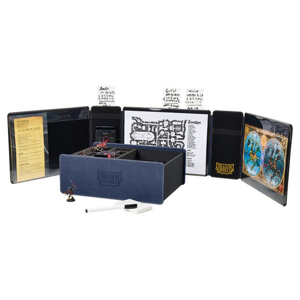 Dragon Shield Midnight Blue Game Master Companion features a storage box with maps, notes, and miniatures for tabletop gaming.