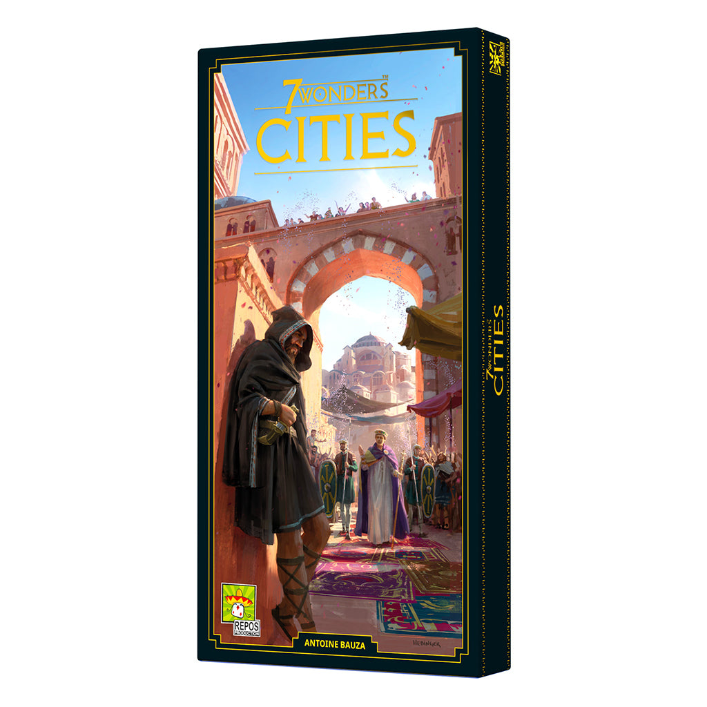 7 Wonders: Cities (New Edition) game box featuring a vibrant illustration of a bustling city scene with characters in historical attire.