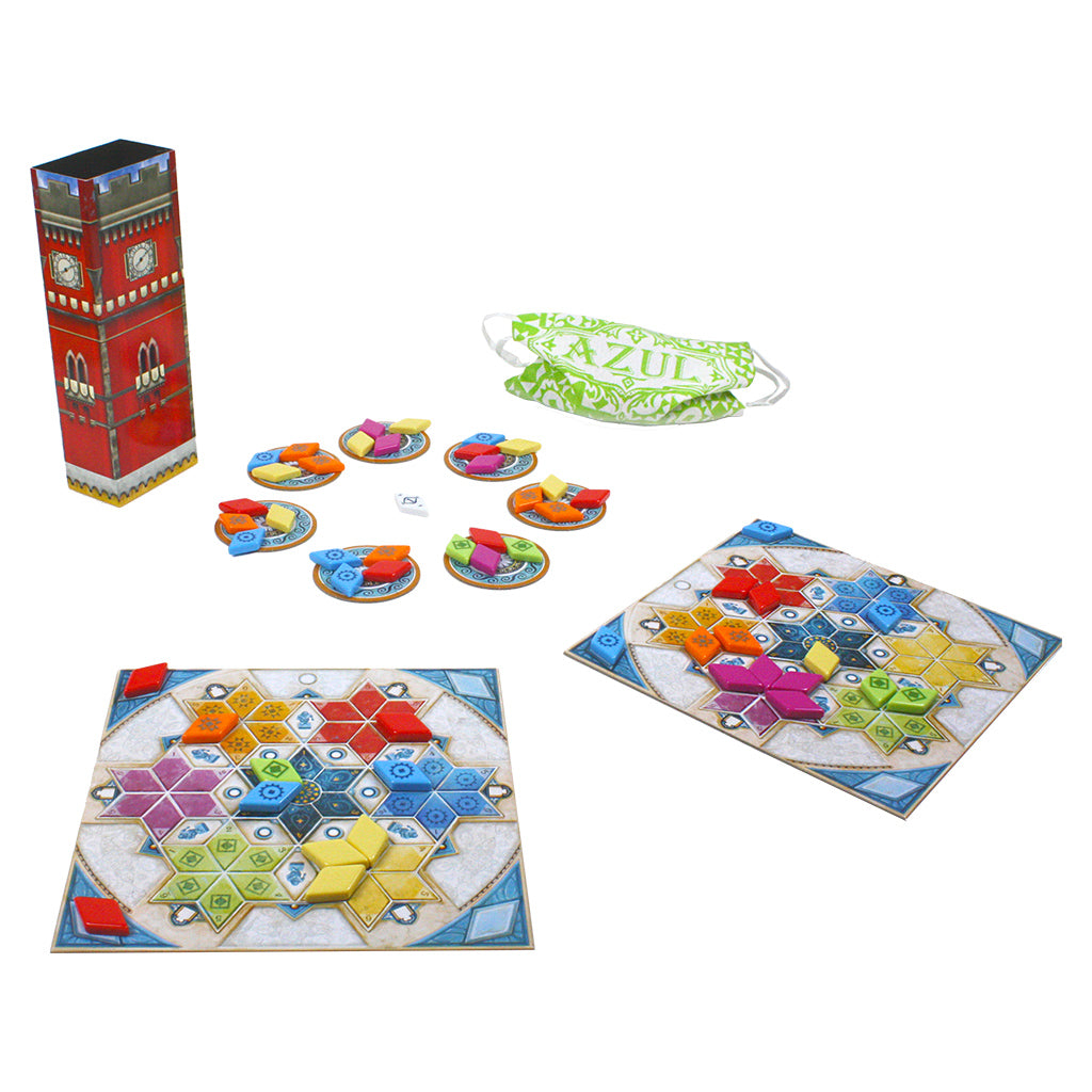 Azul Summer Pavilion board game components including tiles, player boards, and a decorative box.