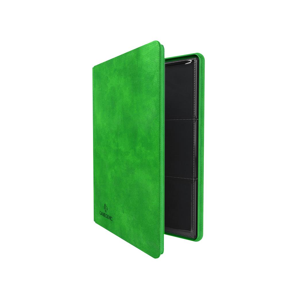 Green zip-up album by Gamegenic featuring 18 pockets for card storage, designed for gamers and collectors.