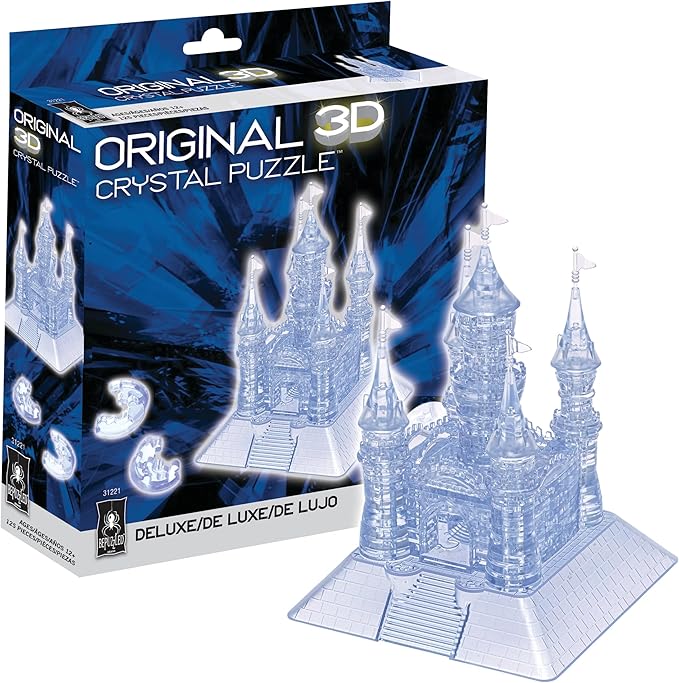 Clear 3D crystal puzzle of a grand castle, displayed in its packaging, showcasing intricate details and design.