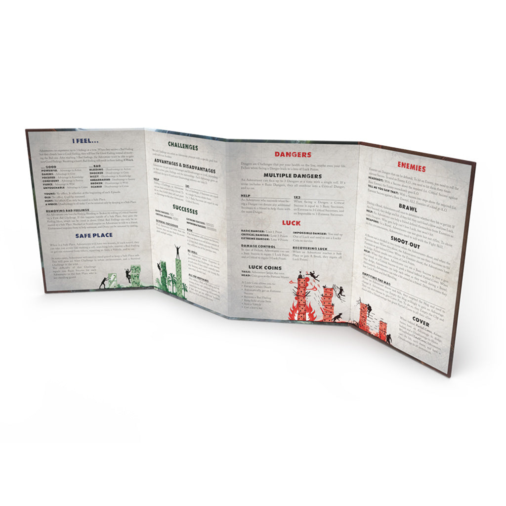 Opened Broken Compass RPG Narrator Accessory Kit displaying game mechanics, challenges, dangers, and enemies on a foldable screen.