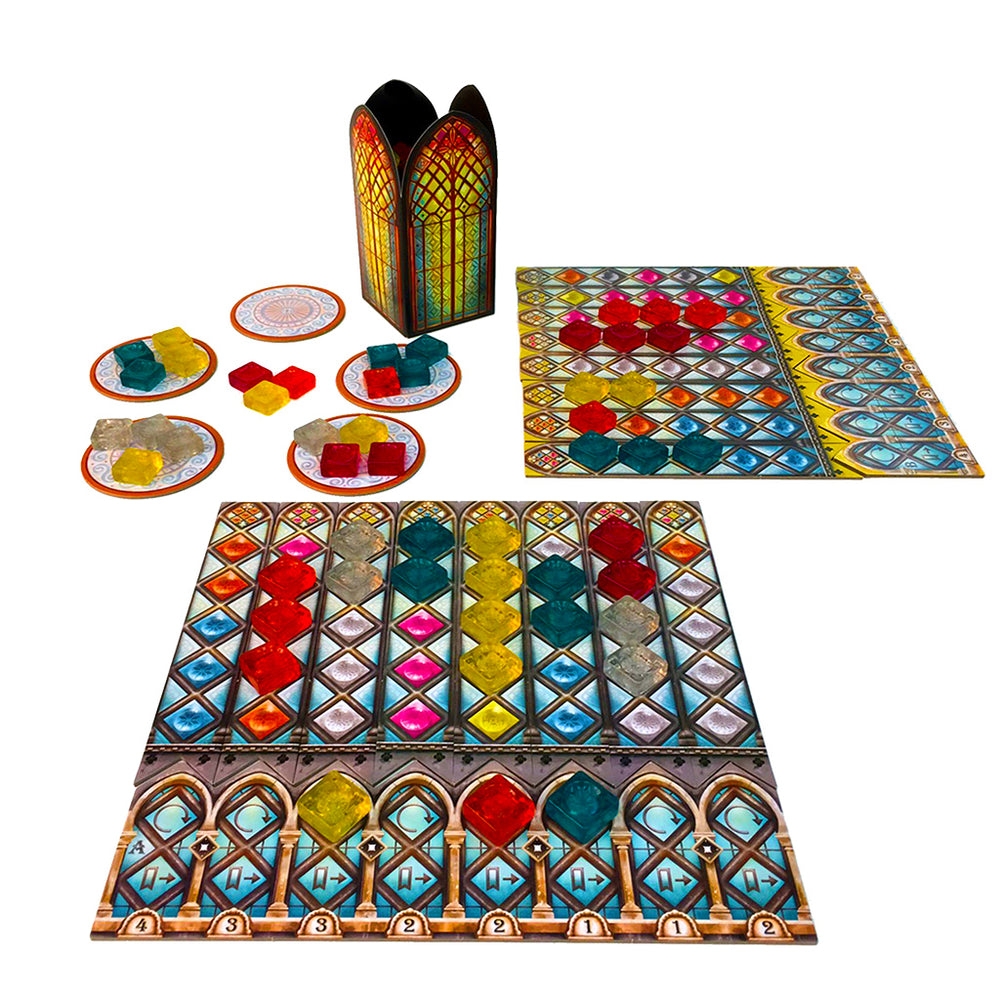 Colorful game components of Azul Stained Glass of Sintra, featuring stained glass tiles, player boards, and a central tower.