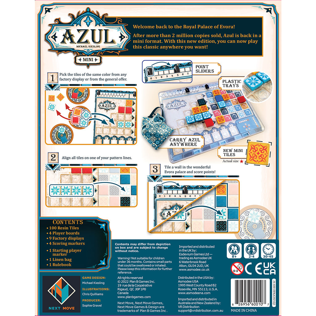 Back of the Azul Mini board game box featuring game instructions, components, and design elements.