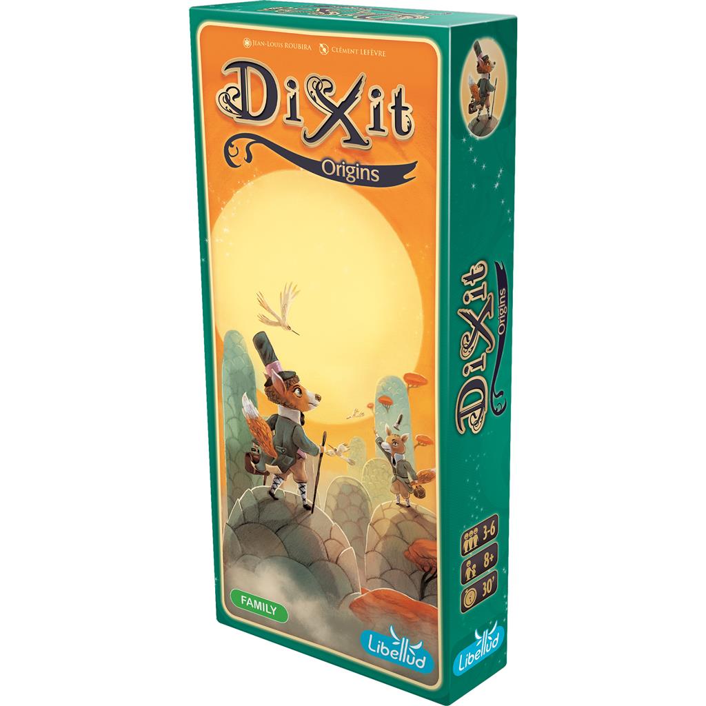 Dixit: Origins Expansion box featuring whimsical artwork of foxes and vibrant colors, designed for family gameplay.
