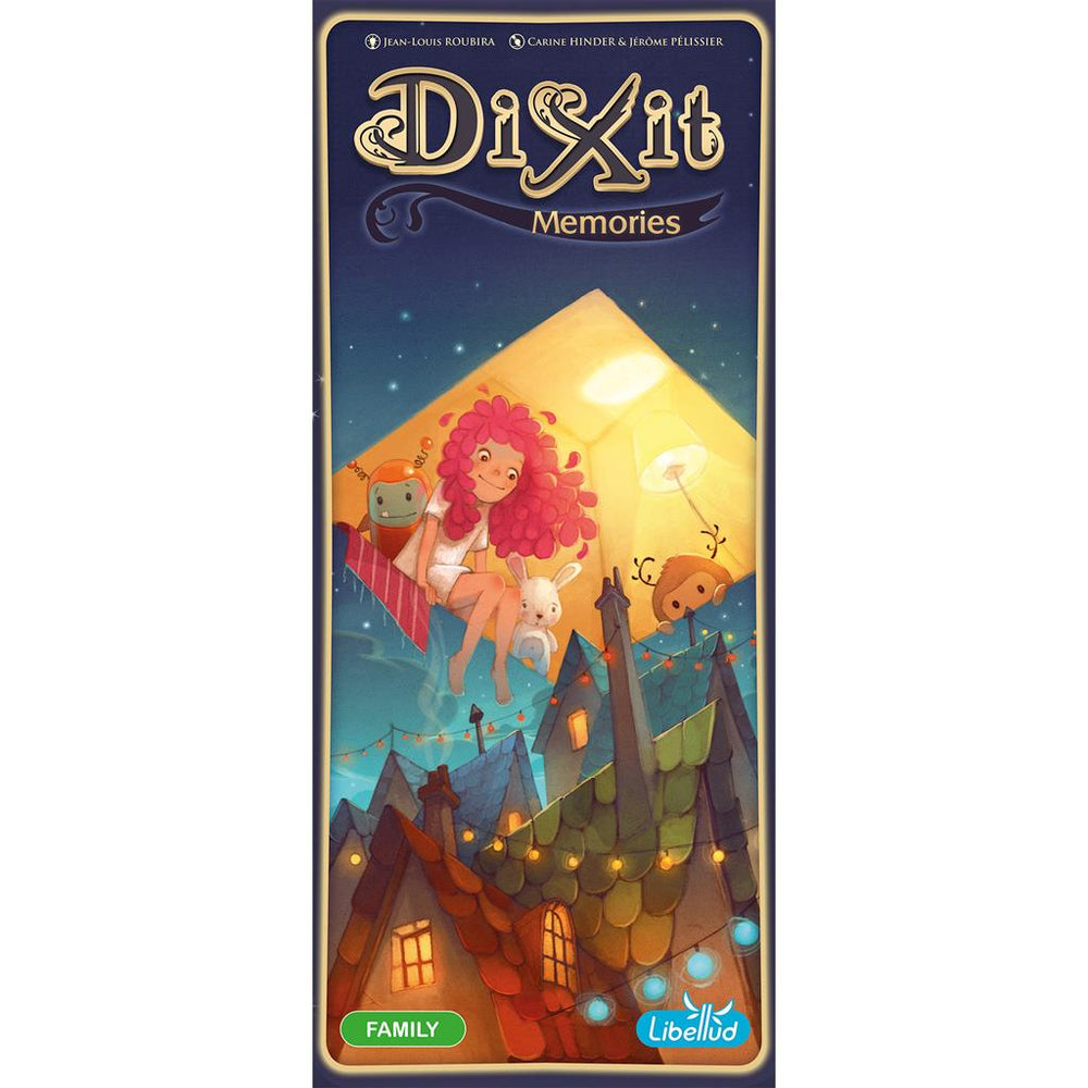 Dixit: Memories Expansion box featuring whimsical artwork of a girl with a red mane and playful creatures among colorful rooftops.