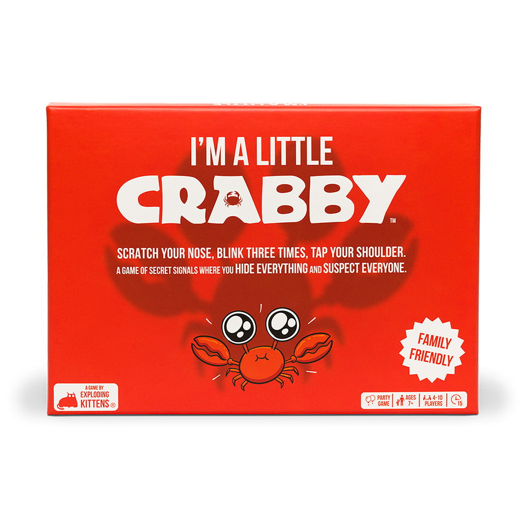 Red game box for "I'm a Little Crabby," featuring a cartoon crab and family-friendly gameplay instructions.