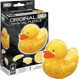 3D crystal puzzle of a yellow rubber duck, featuring 43 translucent pieces, packaged in a colorful box.